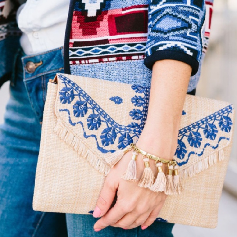 Stella and Dot Embroidered Indigo Straw Clutch